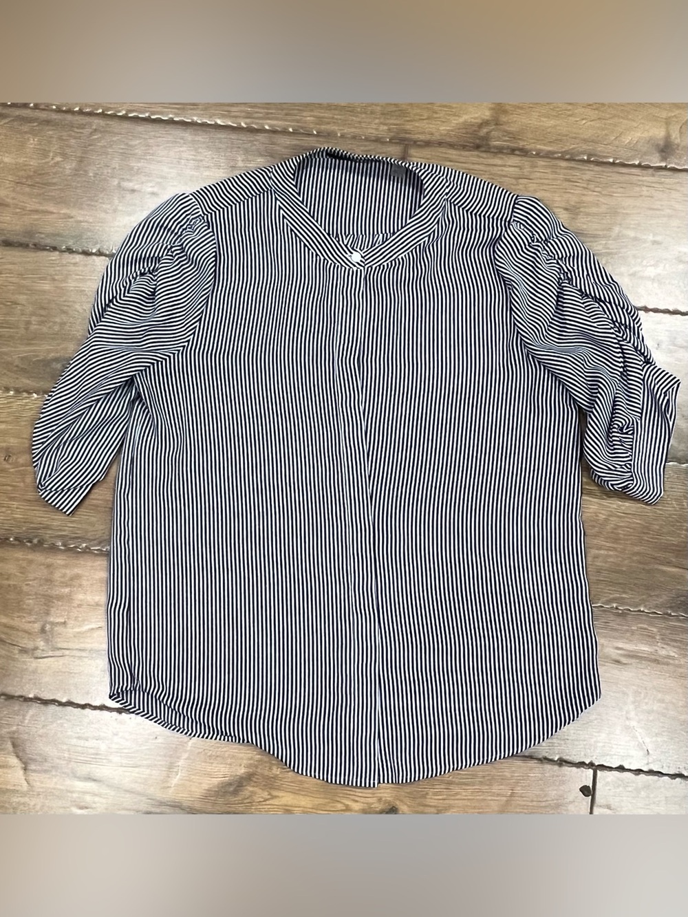 T Tahari Black and White Vertical Stripe V-Neck Blouse